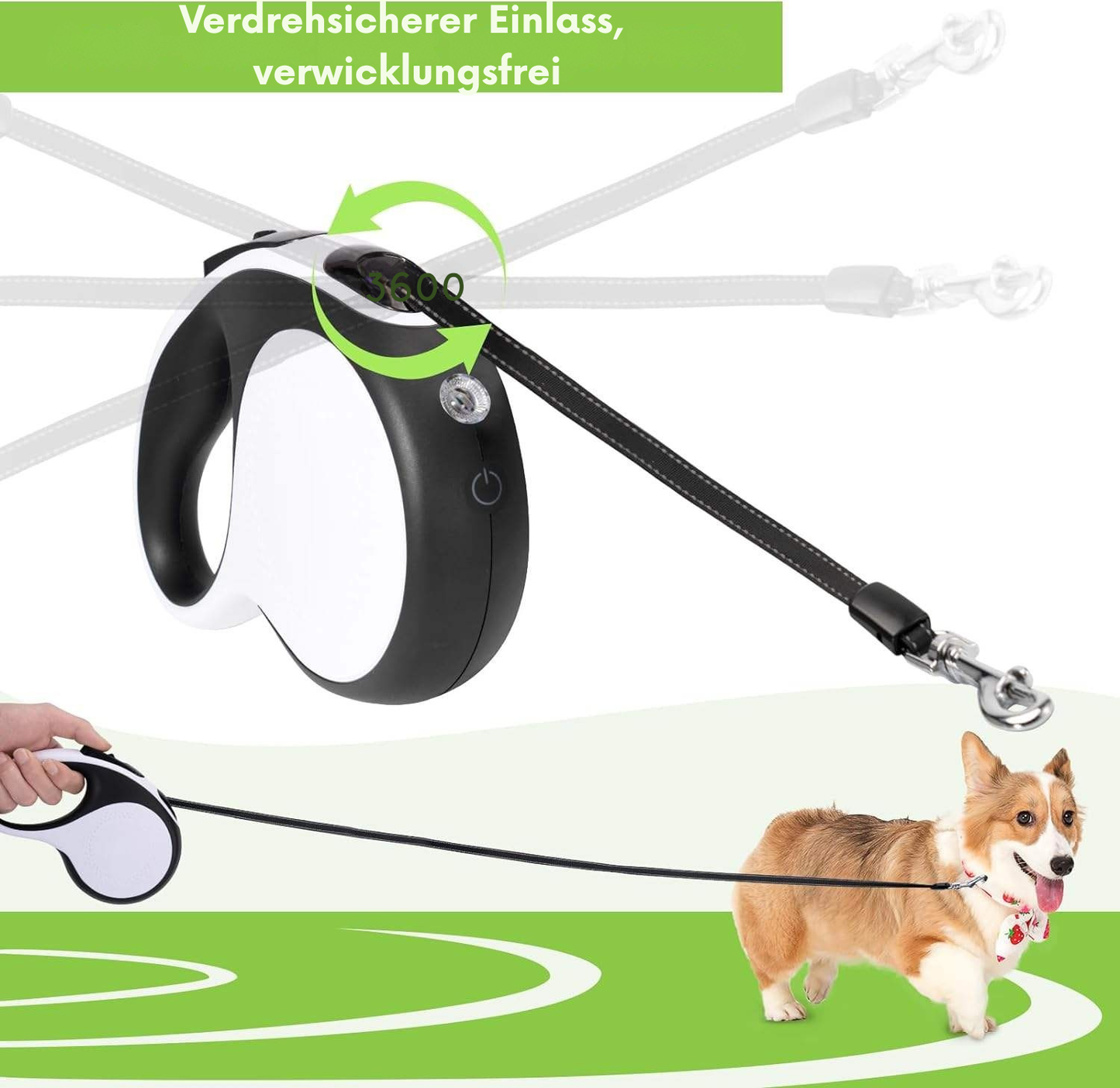 Automatische Einziehbare Gassi-Leine mit Taschenlampe & Reflexstreifen