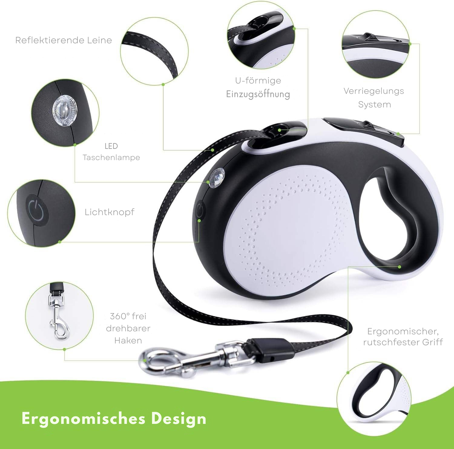 Automatische Einziehbare Gassi-Leine mit Taschenlampe & Reflexstreifen
