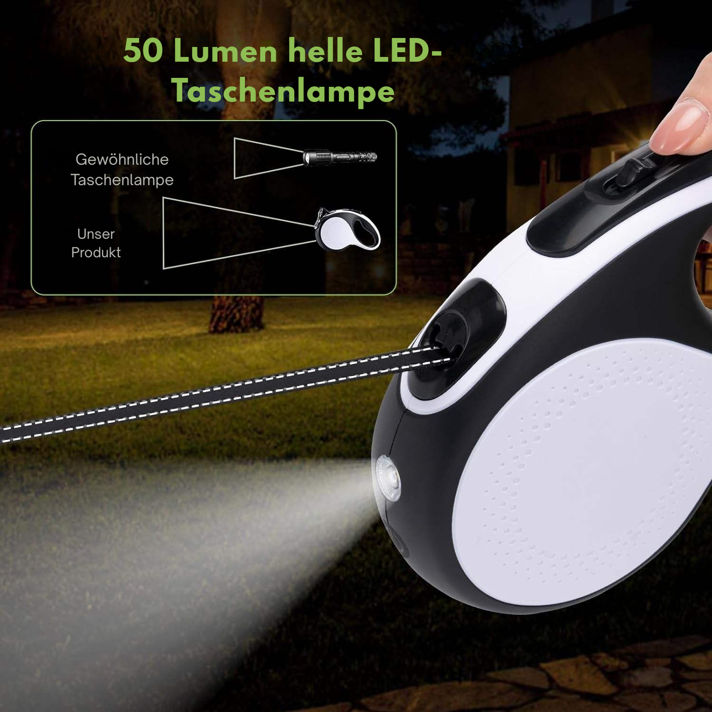 Automatische Einziehbare Gassi-Leine mit Taschenlampe & Reflexstreifen