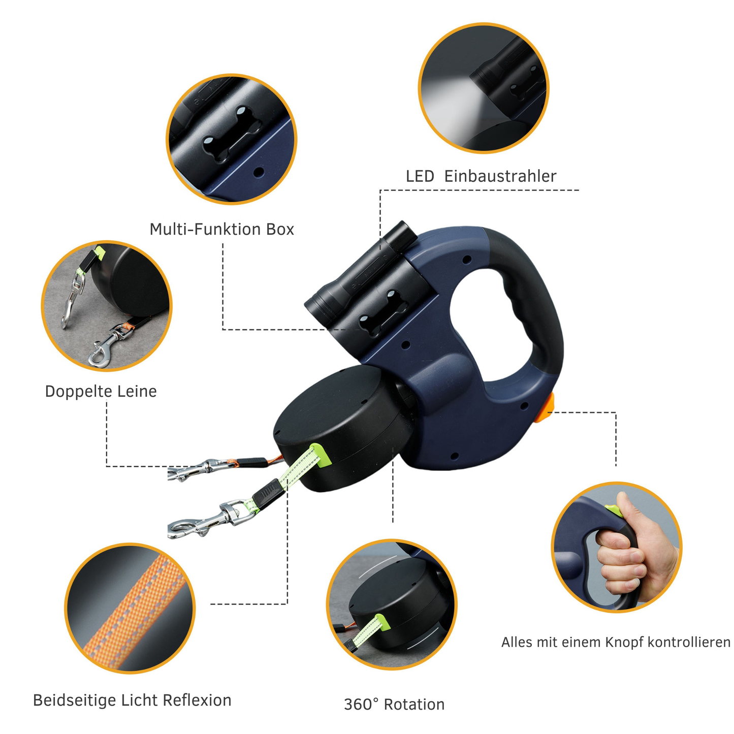 Doppelte Ausziehbare Hundeleine 3 m – LED-Gassi-Leine mit 360° Verwicklungsfrei-System