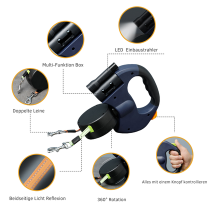 Doppelte Ausziehbare Hundeleine 3 m – LED-Gassi-Leine mit 360° Verwicklungsfrei-System